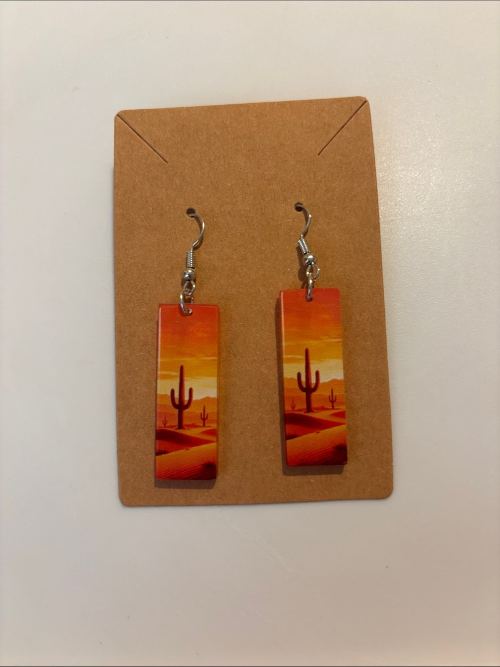 Fashion Jewelry Orange Desert Cactus Rectangle Dangle Earrings - Picture 3 of 4